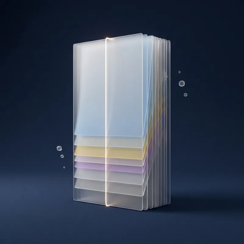A tall stack of translucent frosted-glass sheets with a glowing thread running down its spine