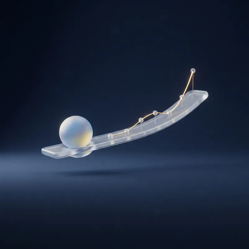 A frosted-glass sphere on a balance beam with a rising curve of glowing nodes, like points on a graph