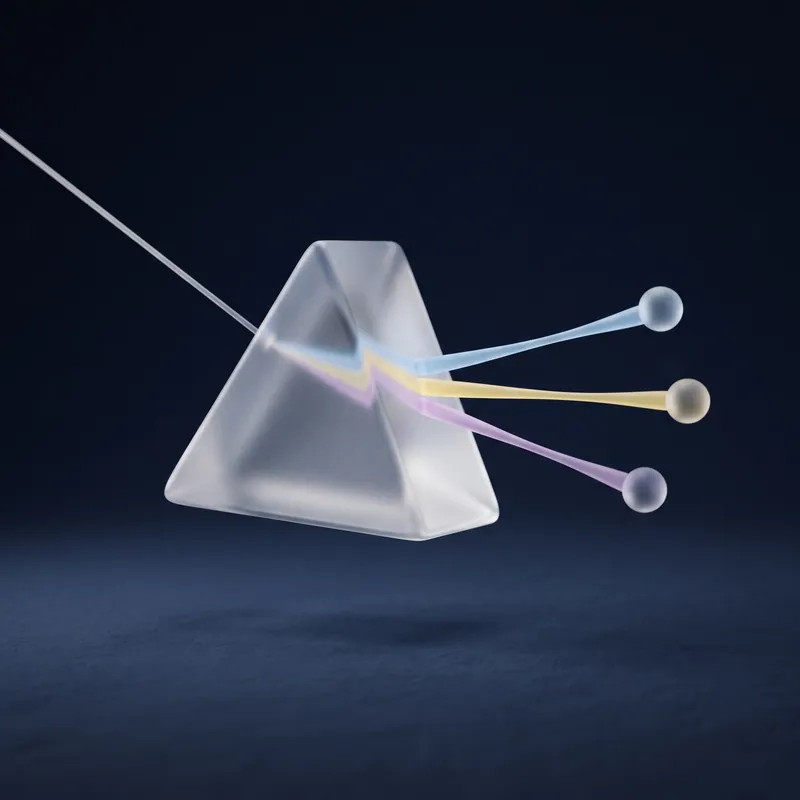 A frosted-glass prism splitting one thread of light into three coloured threads