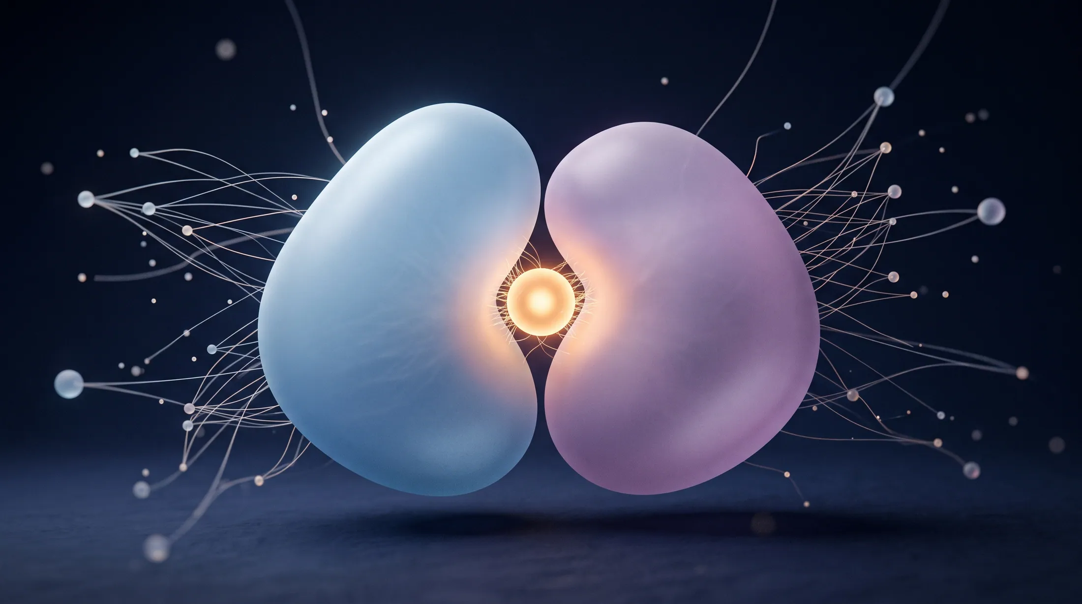 A single warm light held between two frosted-glass forms, one sky blue and one lilac, connected by glowing threads