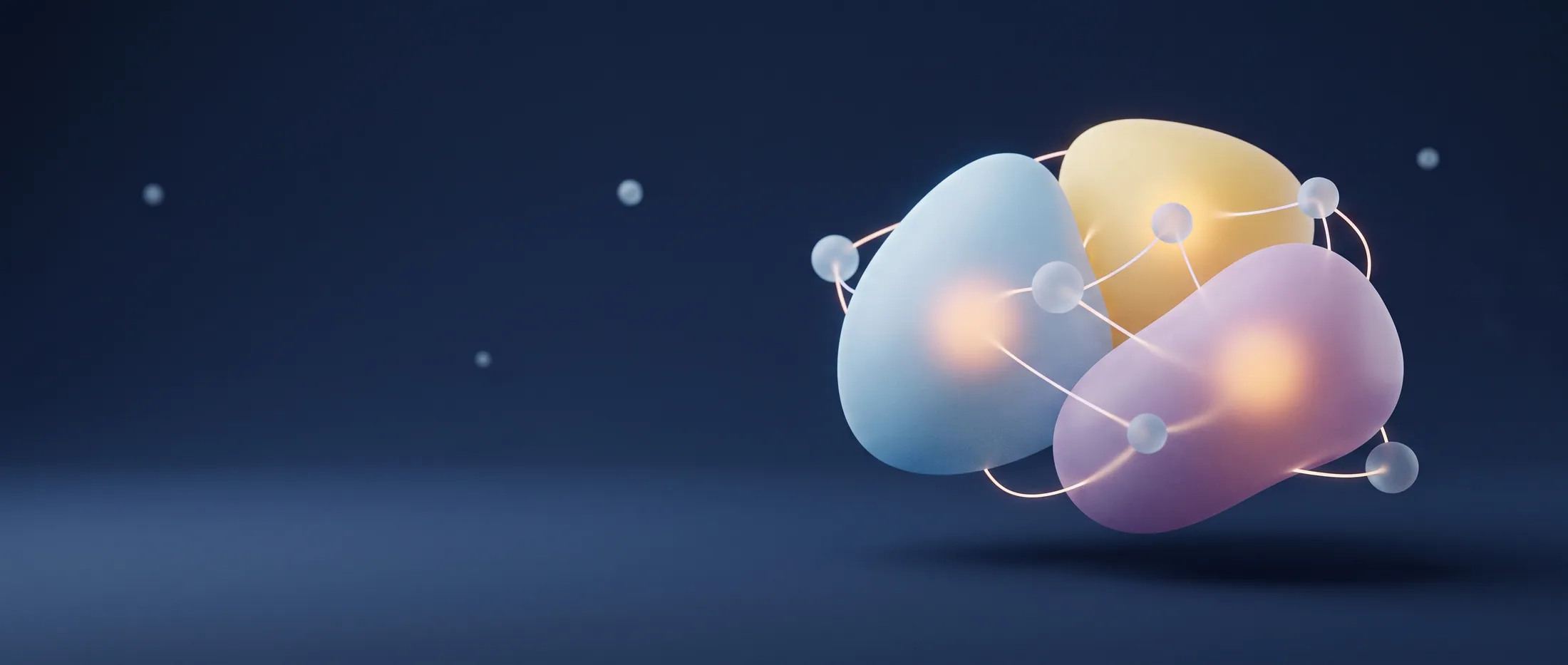 Three frosted-glass lobes in sky blue, yellow and lilac nestled together with a warm glow at their centre
