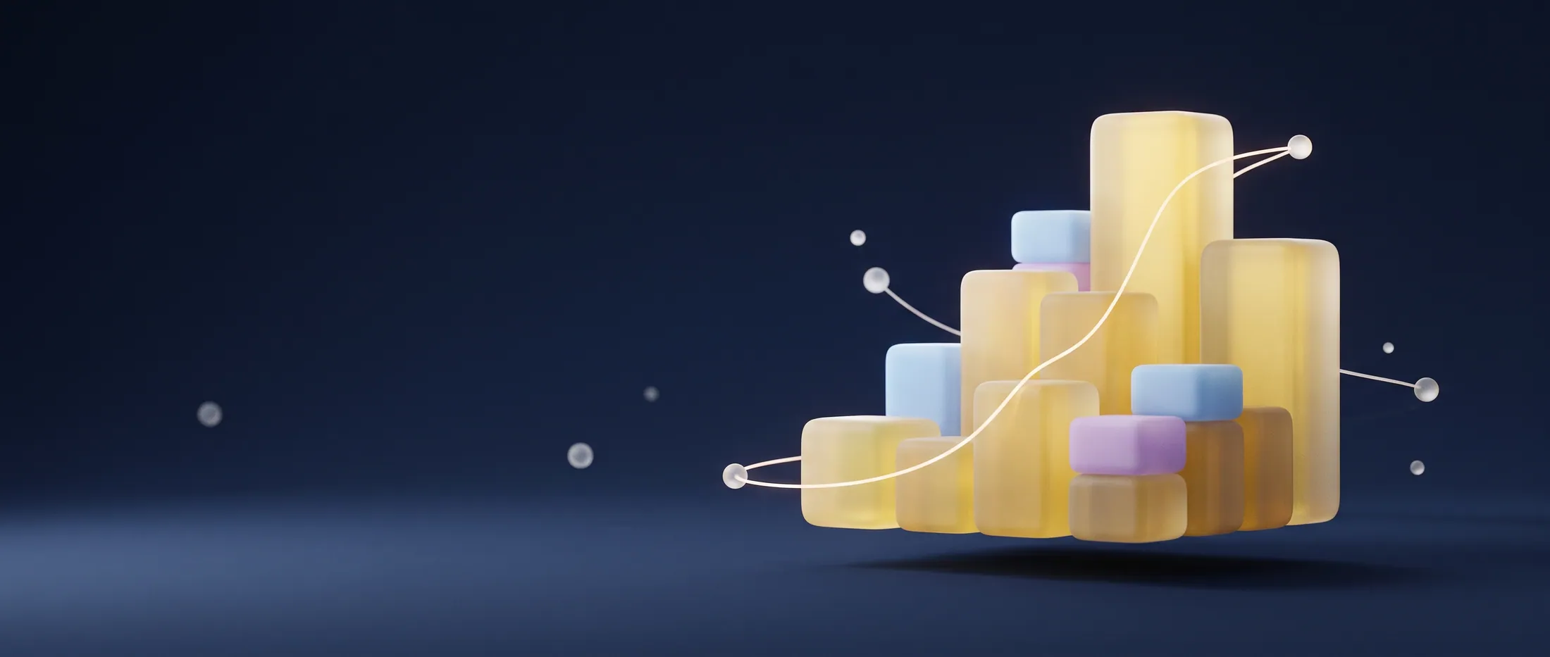 Frosted-glass blocks rising in ascending steps, warm yellow, with a glowing thread tracing the rise