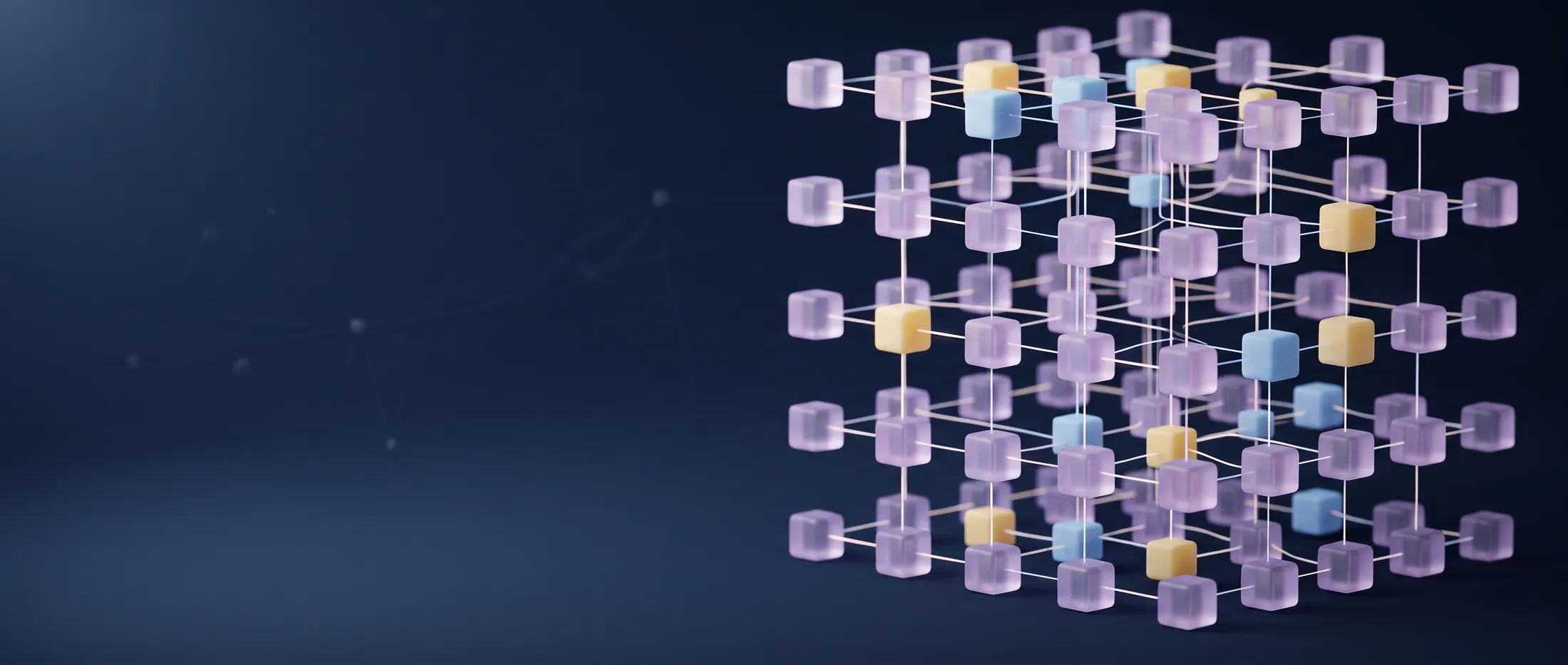 A lattice of small frosted-glass cubes in lilac, connected by glowing threads like a circuit