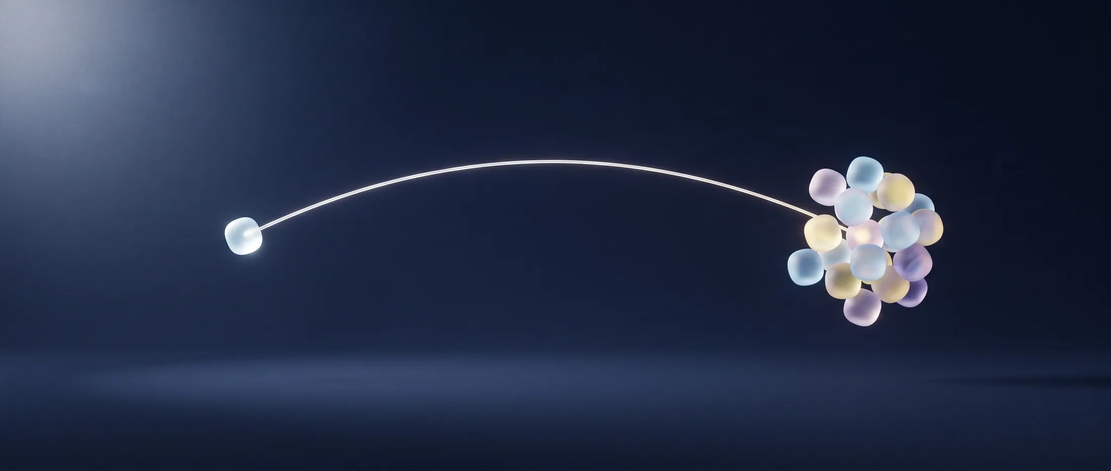 A small glass node sending a glowing thread across navy space