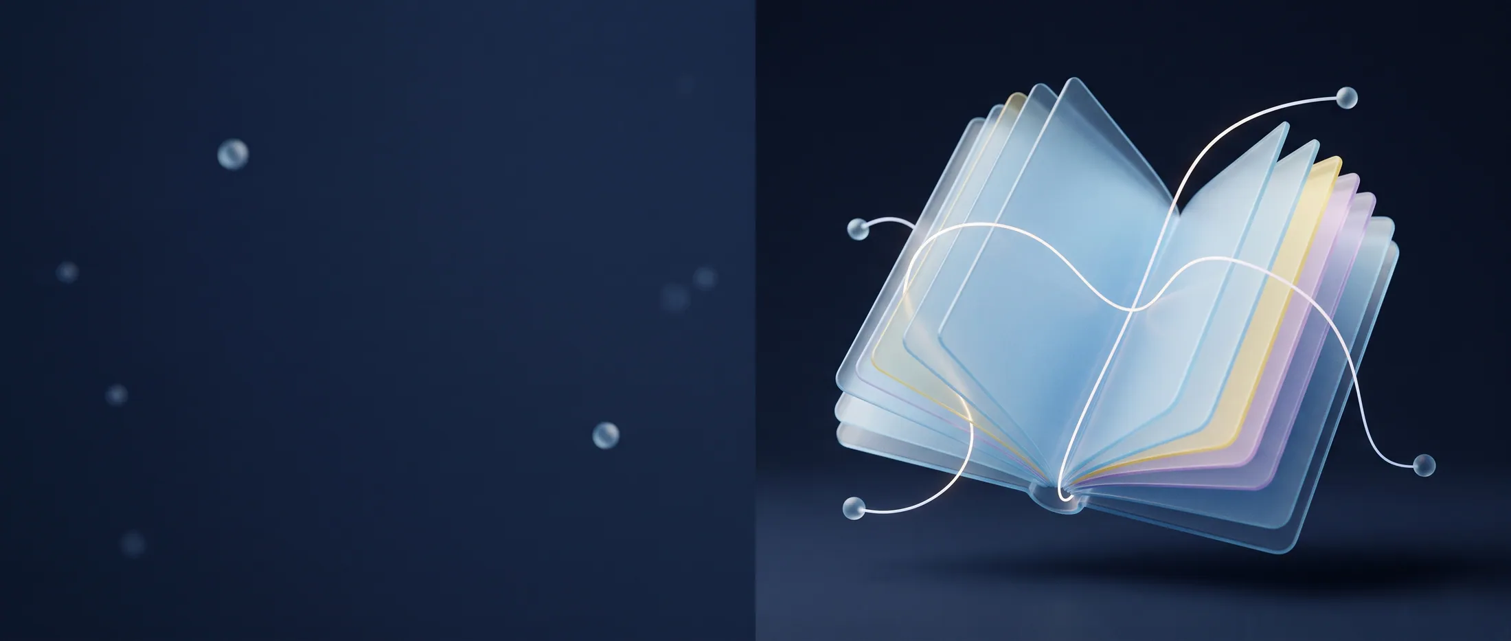 A fan of translucent frosted-glass pages with a glowing thread weaving through them