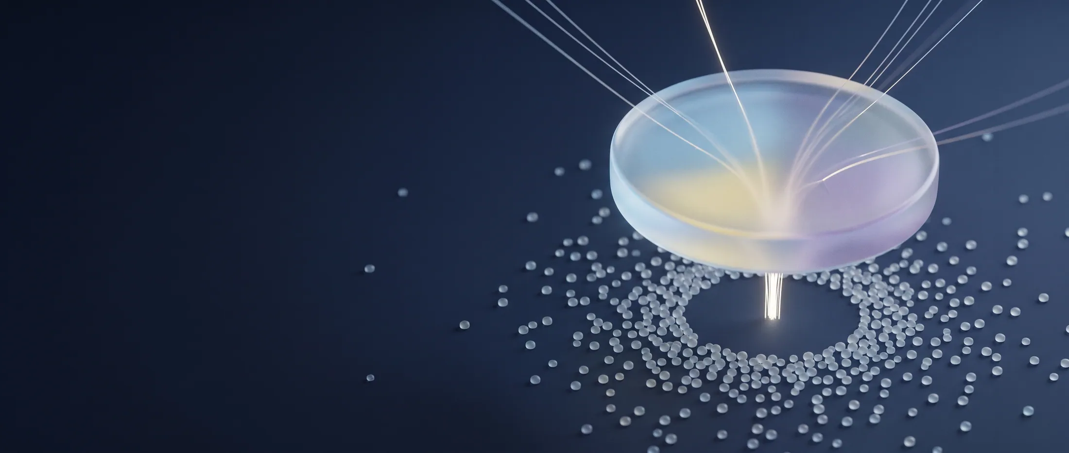 A large frosted-glass lens hovering over a field of tiny glass nodes, with glowing threads converging through it