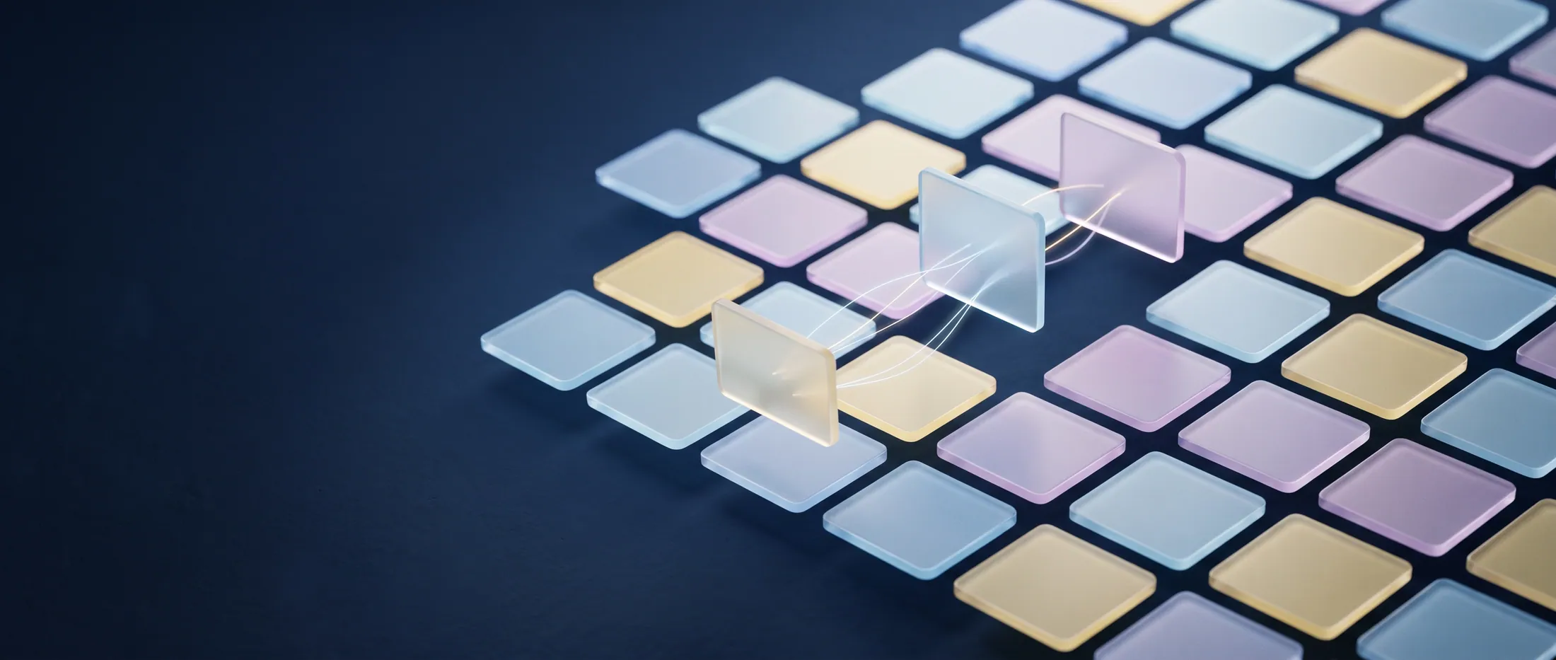 Dozens of thin frosted-glass tiles floating in an orderly grid like a library of cards